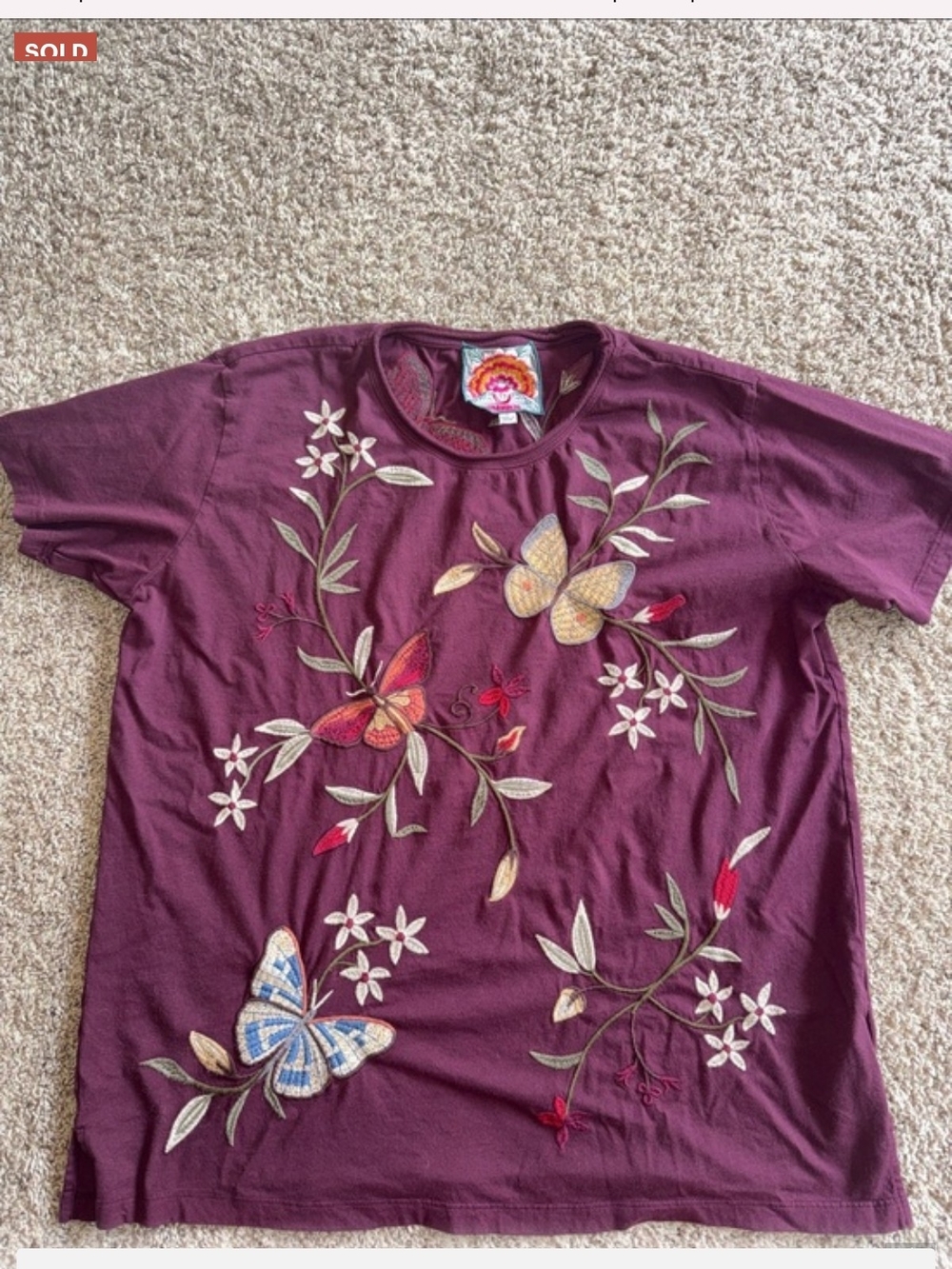 Johnny Was Plum Short Sleeve Tee with Multicolor Butterfly Embroidery